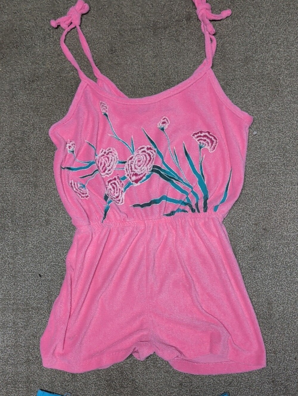 Pink Floral Terry Romper with Adjustable Tie Straps
